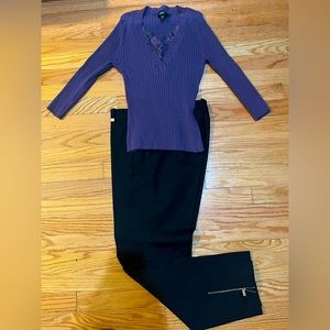 Bebe top size M chest 36” length 21 purple Calvin Klein blk pants size 6 33”X36”